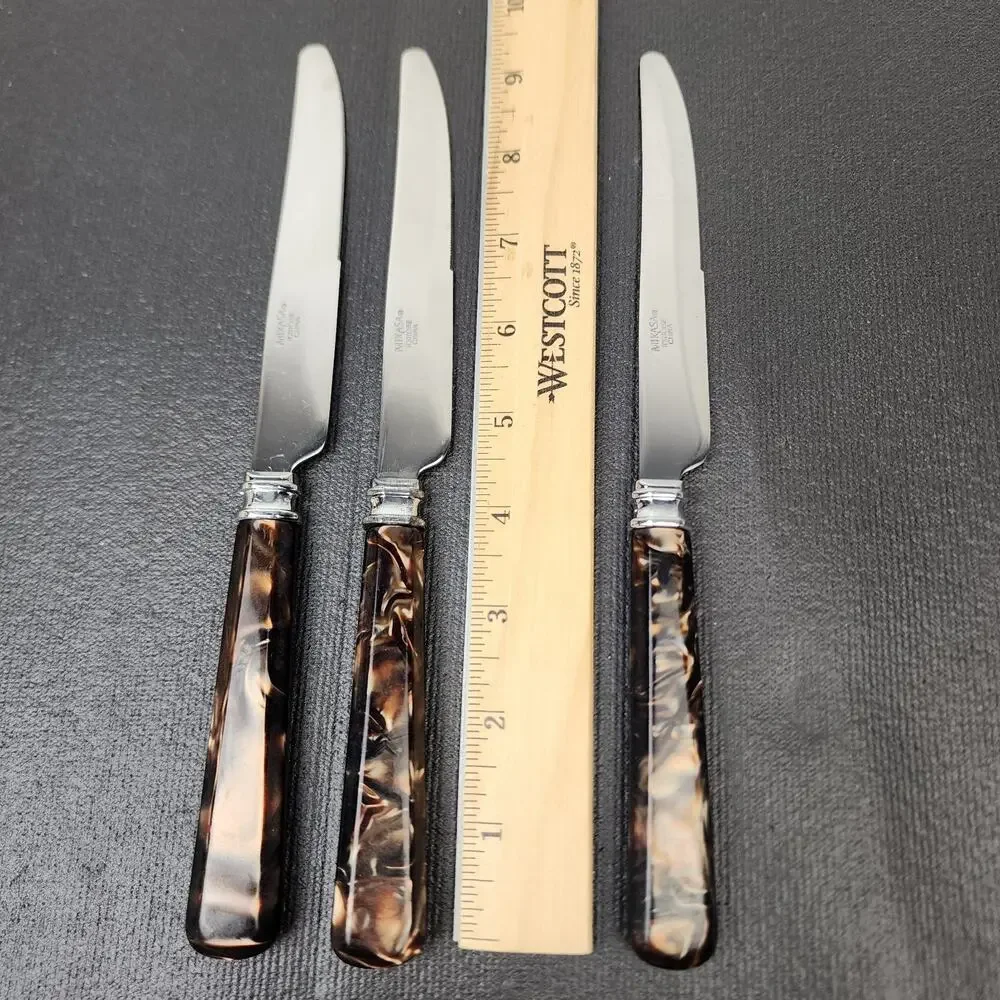 3 MIKASA 18/0 Tortoise Handle Flatware Brown Acrylic Handle Dinner Knives 9.5